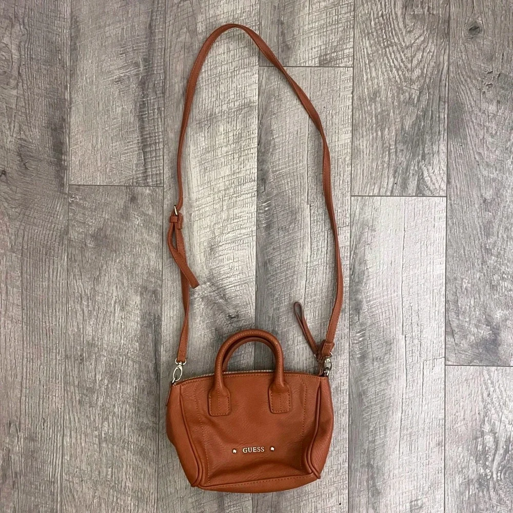 Guess Mini Crossbody Satchel Bag Cognac Brown Pebbled‎ Faux Leather Lining